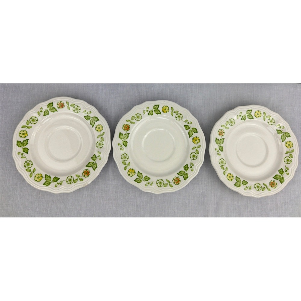 3- Petite Flora Ironstone Coffee or Teacup Saucer Yellow Orange Green 4009 VTG